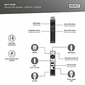 Аварийный блок питания UPS Online Rack, 19 дюймов, ЖК-дисплей, 2000 ВА/2000 Вт, 4x12 В/9 Ач, 8xC13, USB, RS232, RJ45