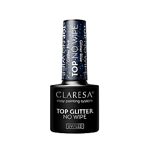 CLARESA Top Glitter No Wipe viršus skirtas hibridiniam lakui be valiklio Glitter Blue 5g