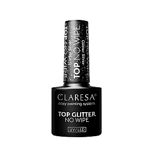 CLARESA Top Glitter No Wipe viršus hibridiniam lakui be valiklio Glitter Silver 5g