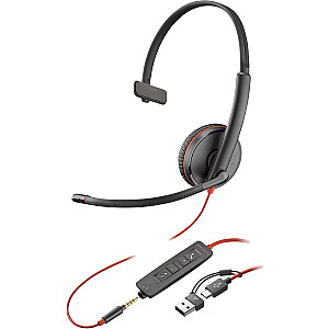 „Poly Blackwire 3215“ monofoninė USB-C ausinė + 3,5 mm lizdas + USB-C prie A adapteris (pridedama)
