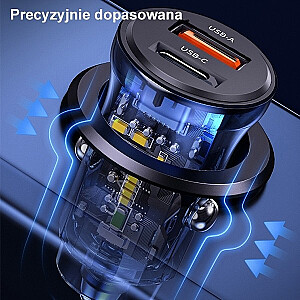 Automobilinis įkroviklis 30 W 1xUSB+1xUSB-C greitas įkrovimas Mėlyna