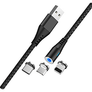 Maxlife MXUC-02 magnetinis kabelis USB - Lightning + USB-C + microUSB 1,0 m 2A juodas nailonas