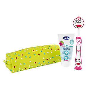 CHICCO SET Dantų pasta Hippo Strawberry 50ml + dantų šepetėlis 3-6l