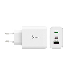 Зарядное устройство J5create, 65 Вт, GaN USB-C, 3 порта — ЕС (2xUSB-C, 1xUSB3.0; цвет белый) JUP3365E-EN