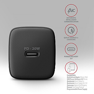 ACU-PD20 PD Сетевое зарядное устройство, 20 Вт, 1 порт USB-C, PD3.0/QC3.0/AFC/FCP/Apple Black