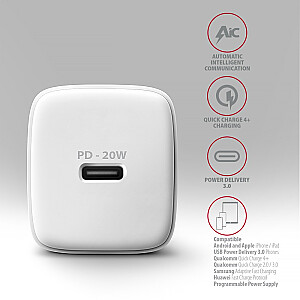 ACU-PD20W PD sieninis įkroviklis 20 W, 1 USB-C, PD3.0/QC3.0/AFC/FCP/Apple White