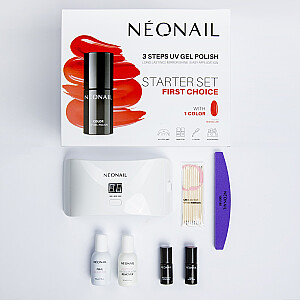 SET NEONAIL First Choice Led 12W/36 + Base 2in1 Silk 7.2ml + Dry top 7.2ml + UV nagų lakas Sexy Red 7.2ml + Nagų valiklis 50ml + Acetonas 50ml + Poliruoklis 100/180