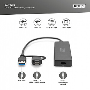 Концентратор USB 3.0/концентратор, 4-портовый адаптер SlimLine USB A + USB-C, 5 Гбит/с, разъем питания USB-C 