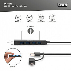 Концентратор USB 3.0/концентратор, 4-портовый адаптер SlimLine USB A + USB-C, 5 Гбит/с, разъем питания USB-C 