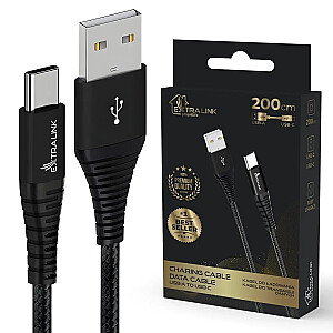 Extralink Smart Life braided USB Type-A į Type-C 15W 2m Black | USB kabelis | 5V 3A