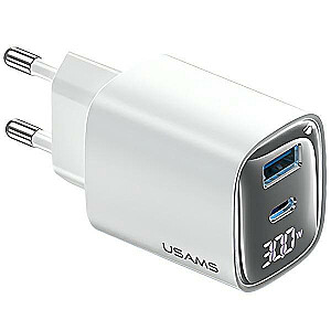 GaN LED USB+USB-C greito įkrovimo sieninis įkroviklis CC229, 30W, baltas