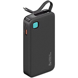 Powerbank 10000 mAh, 20 W, USB-C ištraukiamas greito įkrovimo laidas, juodas 