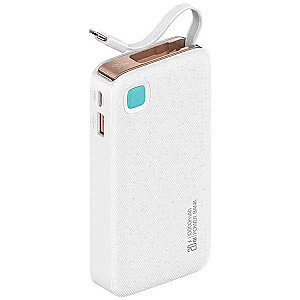 Powerbank 10000 mAh, 20 W, USB-C ištraukiamas greito įkrovimo laidas, baltas 