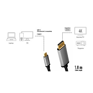 USB-C į DP laidas, 4K, 60 Hz, aliuminis, 1,8 m