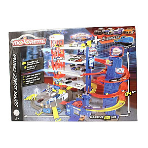 PROMO MAJORETTE Garage Super Chase centras + 4 automobiliai ir traukinys