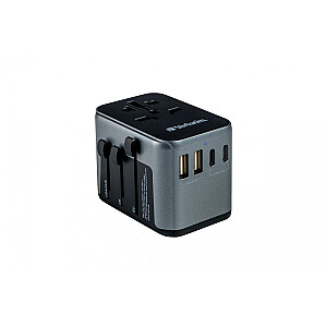 Kelioninis adapteris UTA-03 49545 180 šalių, PD įkroviklis 30 W, QC 3.0 3x USB-C, 2x USB-A 