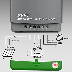 MPPT saulės įkrovimo valdiklis su temperatūros jutikliu 20A | 12V/24V | LCD | 2x USB 