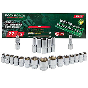 ROCKFORCE SHORT 6-POINT SOCKETS. 22pcs.1/2" 10-32mm /INSERT/SHELF