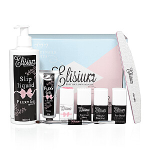 ELISIUM SET Набор Maxi Flexy Gel Pro Bond + Miracle Base Gel + Top Coat Shiny + Slip Liquid + Gel Milky + UV Gel Polish + пилка 100/180 + кисть со шпателем 