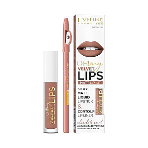 EVELINE Oh My Lips Liquid Matt Lipstick&Contour Lip Liner matiniai lūpų dažai ir lūpų pieštukas 4,5 ml + 1 vnt. 14 šokoladinių triufelių