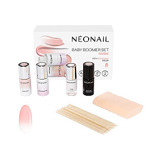 SET NEONAIL Baby Boomer Nude nagų bazė 7,2ml + Baltas hibridinis lakas 6,5ml + hibridinis viršus 7,2ml + mediniai pagaliukai 10vnt + ombre kempinėlės 8vnt.