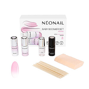 NEONAIL SET База для ногтей Baby Boomer Rose 7,2 мл + Белый гибридный лак 6,5 мл + гибридный топ 7,2 мл + деревянные палочки 10 шт. + спонжи для омбре 8 шт.