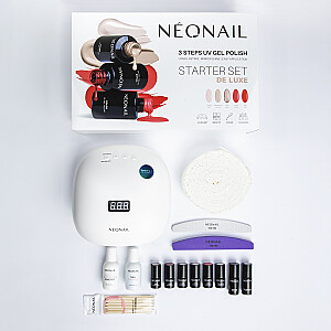 NEONAIL SET De Luxe LED Lamp 36W/48 ЖК-дисплей + Очиститель для ногтей 50 мл + Ацетон 50 мл + Полировщик 100/180 + Пилка 100/180 + Деревянные палочки + Ватный диск + Top Shine Bright 7,2 мл + Жесткая основа 7,2 мл + Верх велюр 3 мл + Лак для ногтей 5x3  