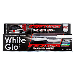 WHITE GLO SET Charcoal + Baking Soda Maximum White wybielająca pasta do zębów 150g/100ml + szczoteczka