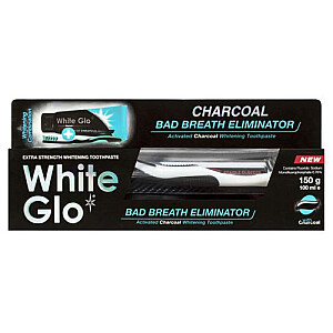 WHITE GLO SET Charcoal Bad Breath Eliminator kvapą gaivinanti anglies pasta 100ml + šepetėlis