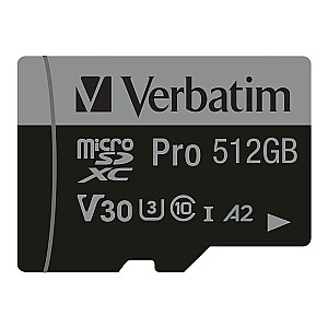 Verbatim Pro U3 512 GB microSDXC atminties kortelė (juoda, 10 klasė, UHS-I (U3), V30, 4K UHD)