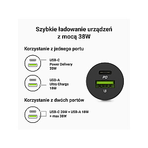 Green Cell GC CADM-GC-38AC - USB įkroviklis 38 W 1x USB-C USB-A juodas žibintuvėlis, GPS, ausinės, mobilusis telefonas, navigatorius, kita, nešiojamas garsiakalbis, maitinimo bankas, išmanusis telefonas, išmanusis laikrodis, planšetė, universali juoda cigaretė lengvesnis Greitas įkrovimas Automatinis, Vidinis