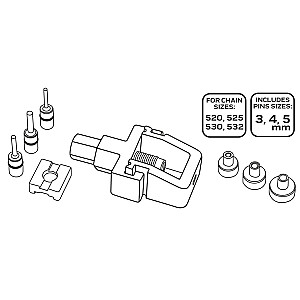 Įrankių rinkinys grandinių užspaudimui ir laužymui.