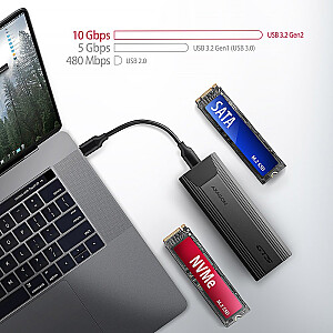 EEM2-GTS2 Безвинтовой алюминиевый внешний корпус USB-C 3.2 Gen 2 M.2 NVMe и твердотельный накопитель SATA + USB-A — сокращение USB-C