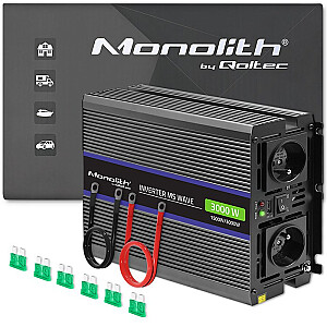 Qoltec Monolith 3000 MS bangų įtampos keitiklis | nuo 12 V iki 230 V | 1500/3000 W | USB