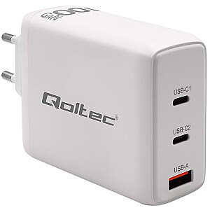 Qoltec 100W GaN sieninis įkroviklis | 5-20V | 1,5-5 A | 2 x USB-C PD | 1 x USB QC 3.0 | Baltas