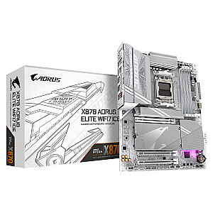 GIGABYTE X870 A ELITE WF7 ICE pagrindinė plokštė – palaiko AMD Ryzen 9000 procesorius, 16+2+2 fazių skaitmeninį VRM, iki 8000 MHz DDR5 (OC), 4xPCIe 5.0 + 4xM.2, Wi-Fi 7, 2.5GbE LAN. Gen 2x2