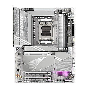 GIGABYTE X870 A ELITE WF7 ICE pagrindinė plokštė – palaiko AMD Ryzen 9000 procesorius, 16+2+2 fazių skaitmeninį VRM, iki 8000 MHz DDR5 (OC), 4xPCIe 5.0 + 4xM.2, Wi-Fi 7, 2.5GbE LAN. Gen 2x2