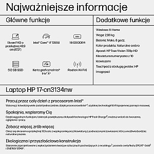 HP 17 – Core i7-1355U | 17,3 colio Full HD | 16 GB | 512 GB | Win11Home | sidabras