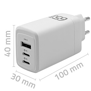 Ładowarka sieciowa 65W GaN | 5-20V | 3-3.35A | 2xUSB-C PD | 1xUSBQC 3.0 | Biała 