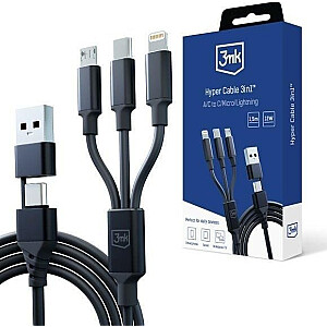 3mk Hyper Cable 3w1 USB-A/C do USB-C/microUSB/Lightning 1,5м черный