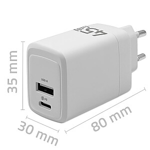 Ładowarka sieciowa 45W GaN | 5-20V | 1.5-3A | 1xUSB-C PD | 1xUSB QC 3.0 | Biała 