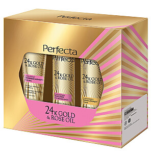 PERFECTA SET 24K Gold & Rose Oil peeling drobnoziarnisty 75g + tonik nawilżający 200ml + mleczko do demakijażu 200ml