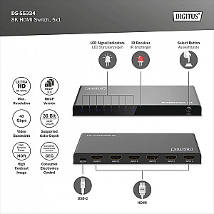 Przełącznik/Switch 8K HDMI 5x1, 60Hz (4:4:4), HDR, HDCP 2.3, pilot, czarny