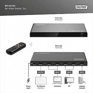 Przełącznik/Switch 8K HDMI 5x1, 60Hz (4:4:4), HDR, HDCP 2.3, pilot, czarny