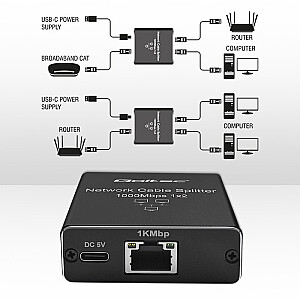 Rozdzielacz Splitter mini SWITCH 1x2 port RJ45 | 1000Mbps | USB-C| Aluminium 