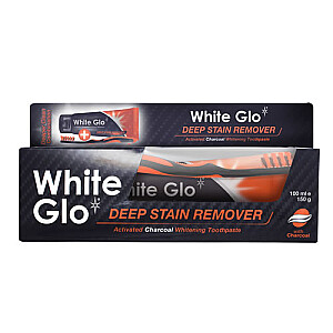 WHITE GLO SET Charcoal Deep Stain Remover отбеливающая зубная паста с активированным углем 100мл + зубная щетка