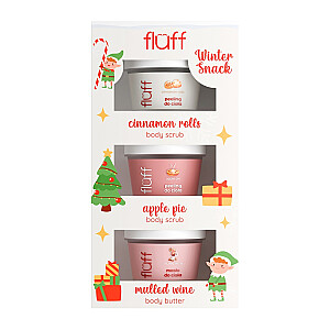 FLUFF SET Winter Snack masło do ciała Grzane Wino 100ml + peeling do ciala Szarlotka 100ml + peeling do ciała Bułeczki Cynamonowe 100ml