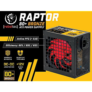 Блок питания ATX RAPTOR 600W BRONZE 80+, Single Rail, DC-DC 