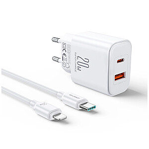 Joyroom JR-TCF05 20W USB-C | USB-A Fast Dual Port Wall Charger - White + USB-C - Lightning 1m