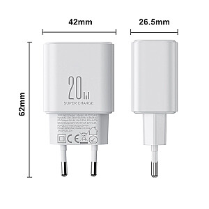 Joyroom JR-TCF05 20W USB-C | USB-A greitas dviejų prievadų sieninis įkroviklis - baltas + USB-C - žaibas 1 m